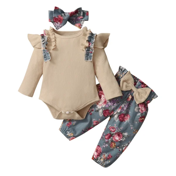 3PCS Baby Girls Clothes Set – Ruffles Ribbed Bodysuit + Floral Pants (6-24 Months) - Image 7