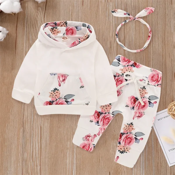 3PCS Baby Girls Winter Clothes Set – Floral Print Hooded Pullover + Pants Tracksuit (3-18 Months)