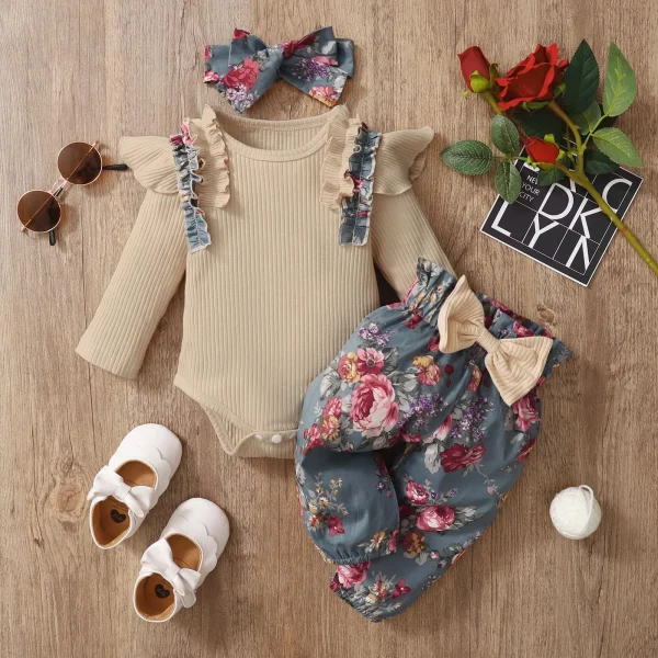 3PCS Baby Girls Clothes Set – Ruffles Ribbed Bodysuit + Floral Pants (6-24 Months)