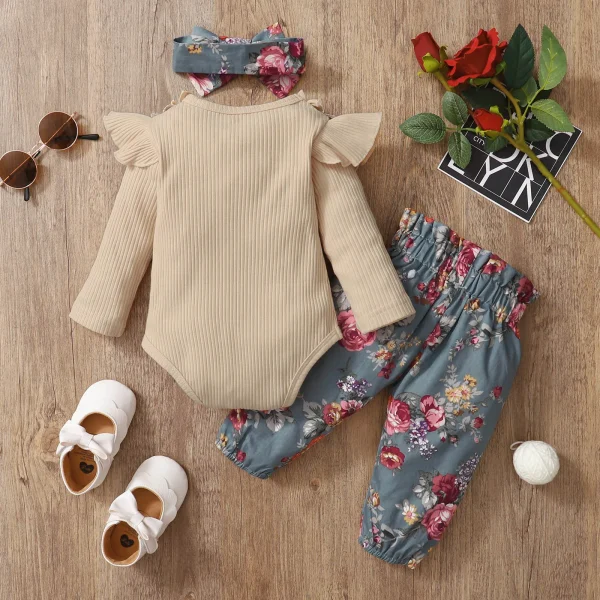 3PCS Baby Girls Clothes Set – Ruffles Ribbed Bodysuit + Floral Pants (6-24 Months) - Image 2