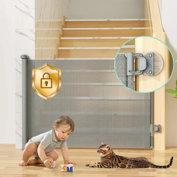 Retractable Baby Gate – No-Drill Safety Gate for Stairs, Doorways, Mesh Baby/Pet Gate with Auto-Lock (33” Tall, Extends to 55” Wide)