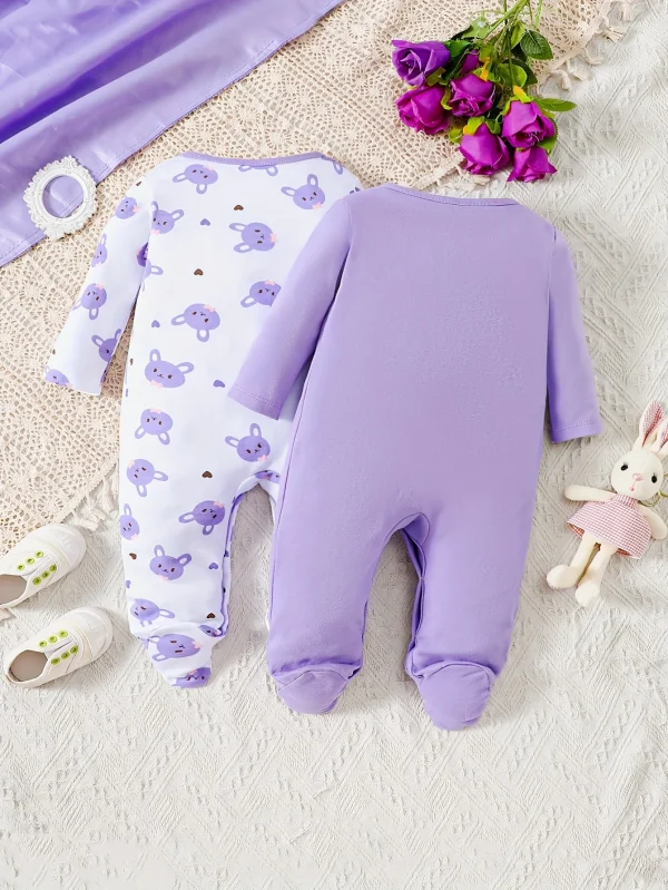 [2-Piece Set] Fall and Winter Baby Girl Foot Onesie – Cartoon Rabbit Long-Sleeved Crawl Suit - Image 2