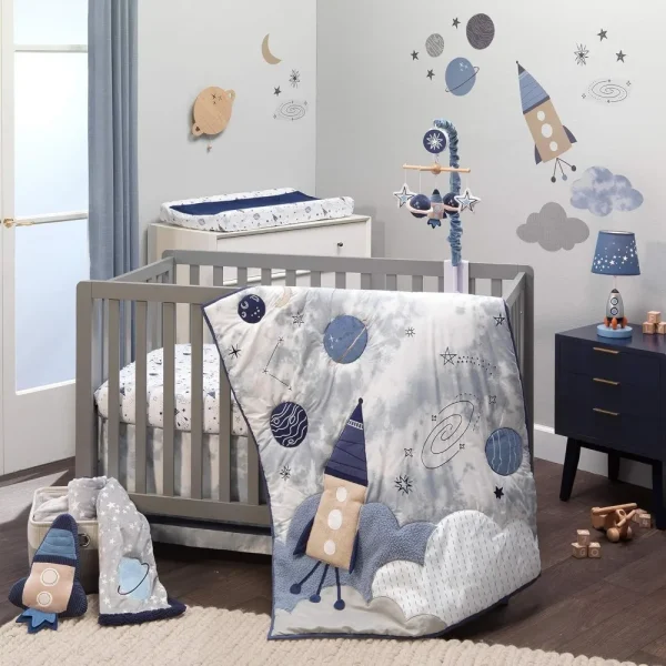 Lambs & Ivy Sky Rocket 5-Piece Baby Crib Bedding Set – Blue Galaxy Space Nursery Theme