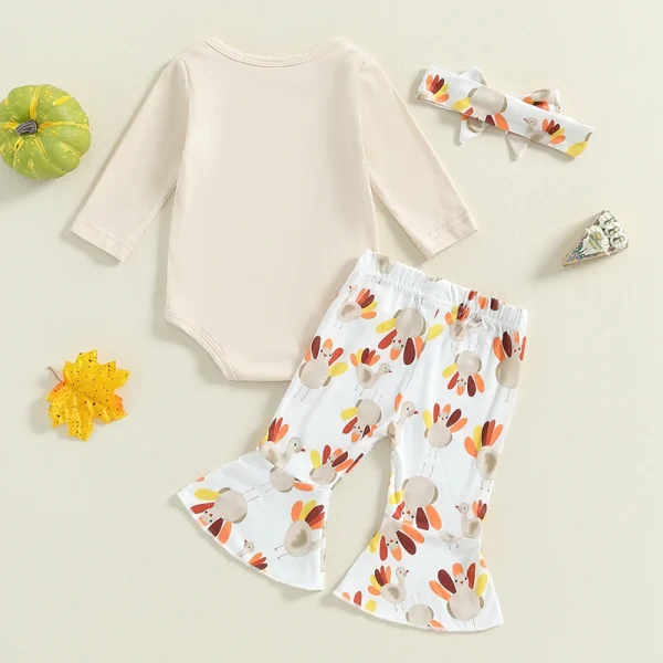 2024-05-14 Lioraitiin Baby Girl Thanksgiving Outfit, Letter Print Long Sleeve Romper Turkey Print Flare Pants Tie Headband Set - Image 2