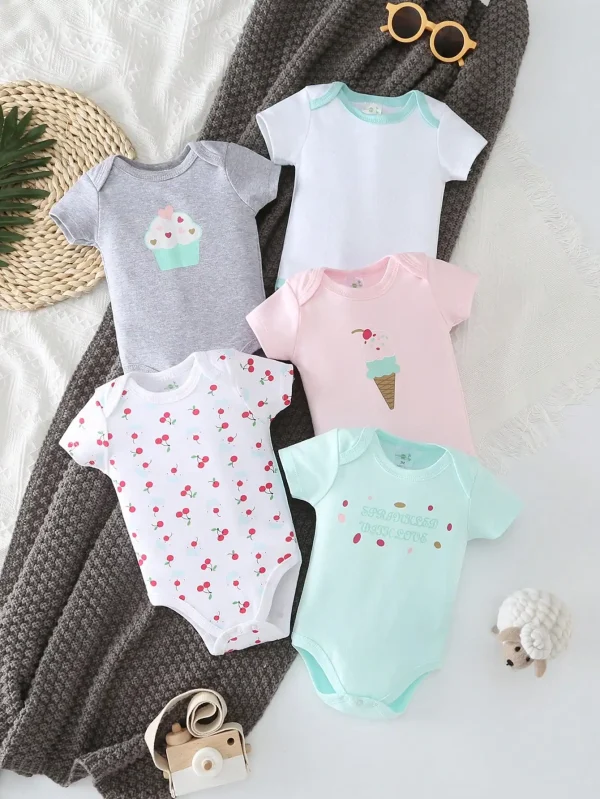 [5-Piece Set] Baby Triangle Onesie – Ice Cream Short-Sleeved Crawl Suit