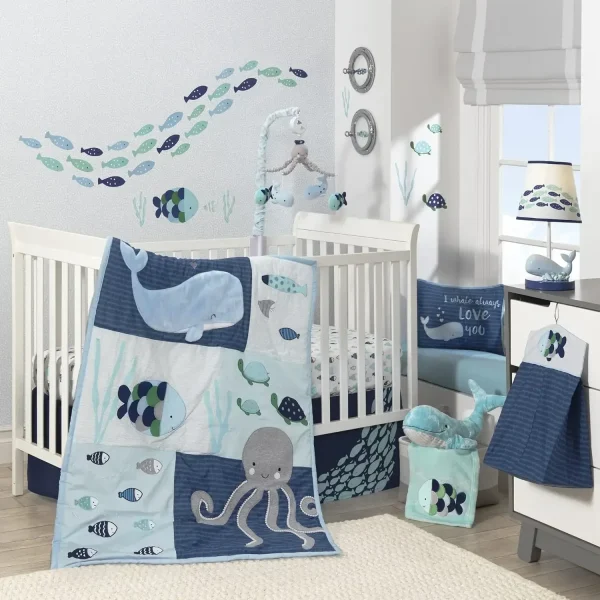 Lambs & Ivy Oceania 6-Piece Baby Crib Bedding Set – Blue Ocean Nautical Aquatic Theme