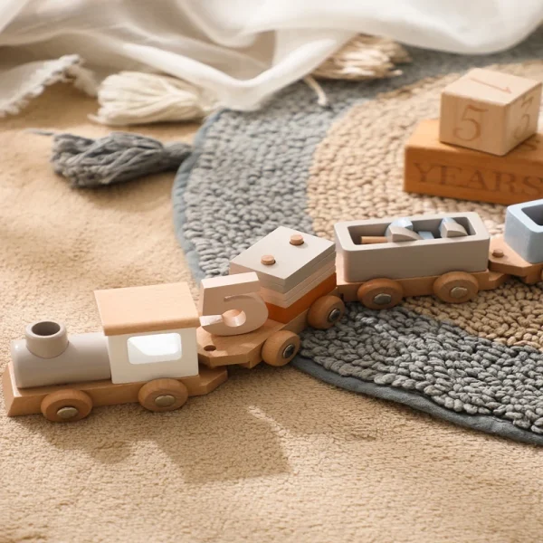 Wooden Birthday Train Toy – Montessori Puzzle Car for Early Education & Digital Learning - Image 6