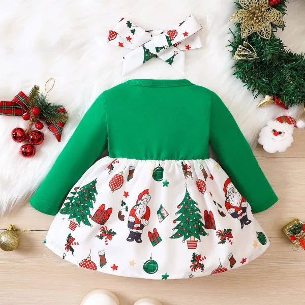 Christmas Girl Dress Faux 2pcs Big Bowknot Santa Claus Print Dress for New Year & Christmas (3-24 Months) - Image 4