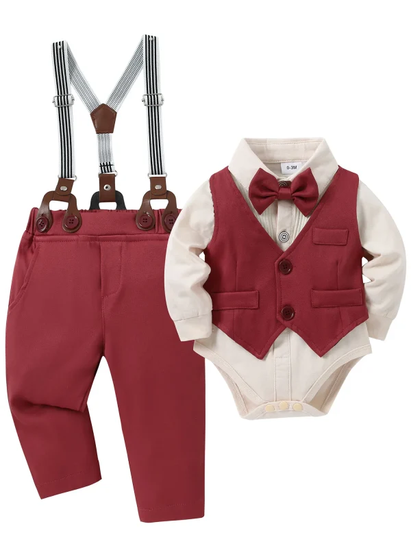 Baby Boy Wedding Outfit Suit – Gentleman Set with Dress Shirt, Vest, Suspender Pants & Bowtie