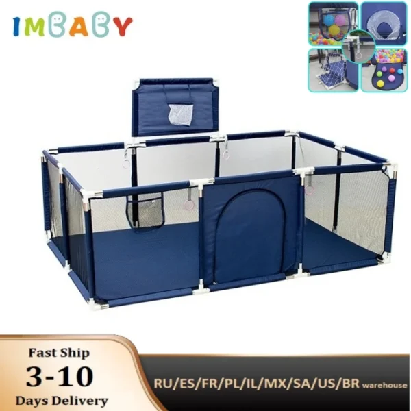 IMBABY Baby Playpen – Large Cartoon Play Yard with Basketball Hoop & Ball Pit for Kids