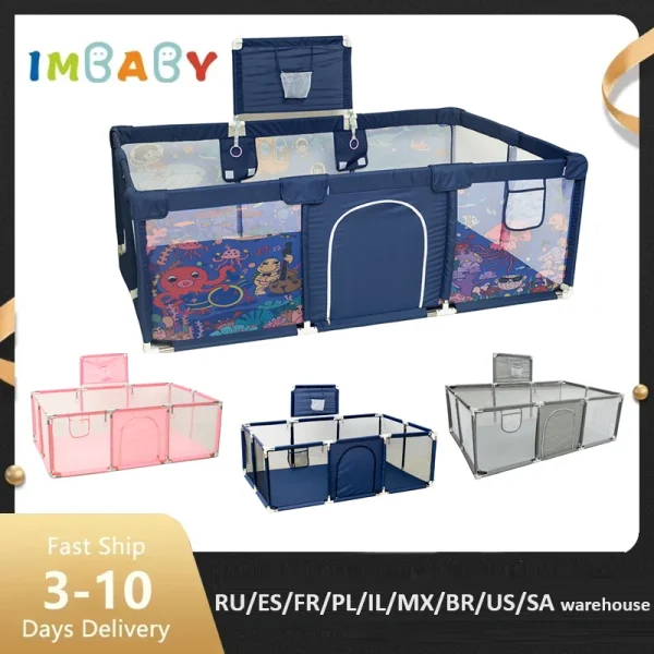 IMBABY Large Baby Playpen – Cartoon Baby Playground with Basketball Hoop & Ball Pit