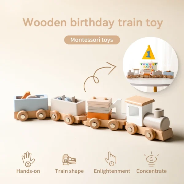 Wooden Birthday Train Toy – Montessori Puzzle Car for Early Education & Digital Learning - Image 4