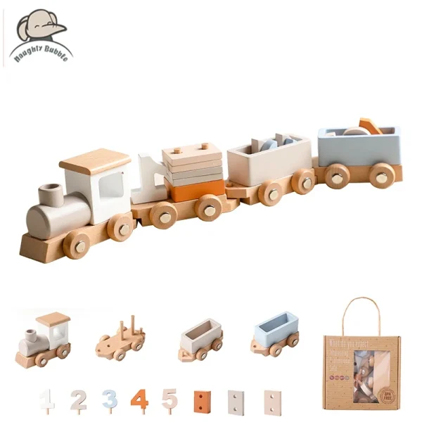 Wooden Birthday Train Toy – Montessori Puzzle Car for Early Education & Digital Learning