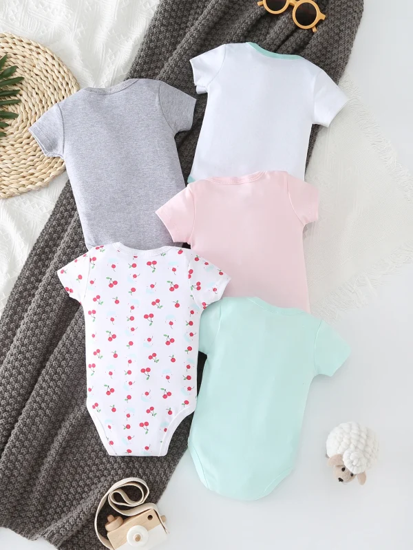 [5-Piece Set] Baby Triangle Onesie – Ice Cream Short-Sleeved Crawl Suit - Image 2