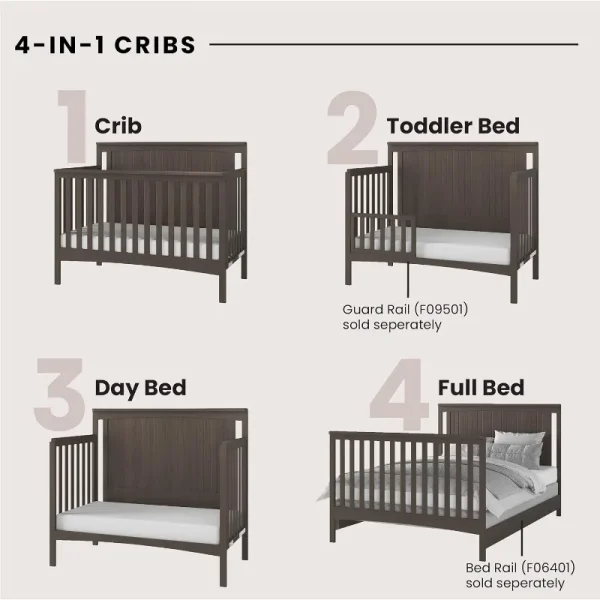 4-in-1 Convertible Baby Crib – Converts to Day Bed, Toddler Bed, and Full-Size Bed, 3 Adjustable Mattress Positions - Image 3