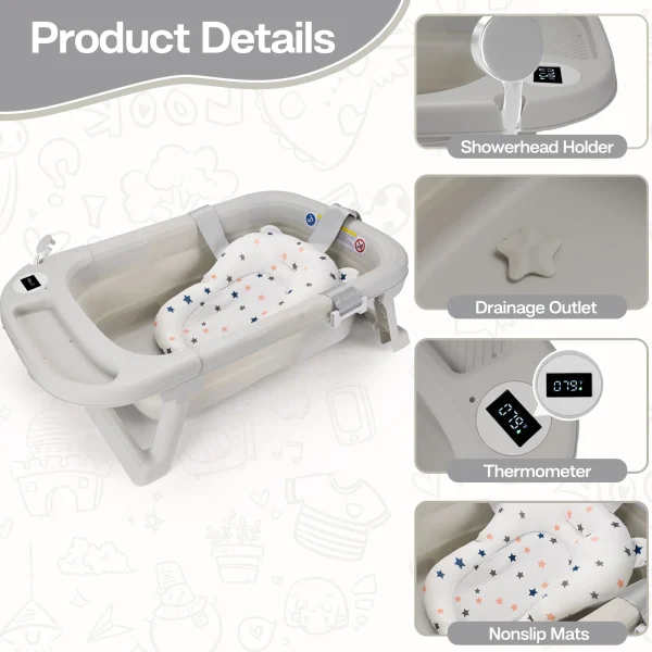 Baby Bathtub with Soft Cushion & Thermometer – Portable Travel Tub for Newborn to Toddler - Image 2