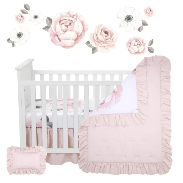 Lambs & Ivy Floral Garden 5-Piece Baby Crib Bedding Set – Pink Watercolor Linen - Image 2