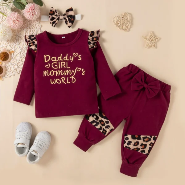 Toddler Baby Girls Leopard Print Outfit – Letter Top & Bow Pants Set (6-24 Months) - Image 2