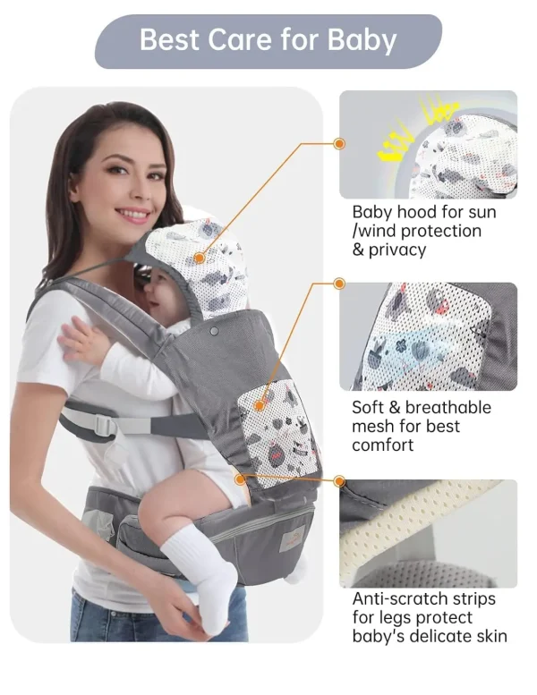 Baby Carrier, Baby Carrier Newborn to Toddler, Toddler Carrier with Hood All Seasons & All Position Baby Hip Carrier - Image 2