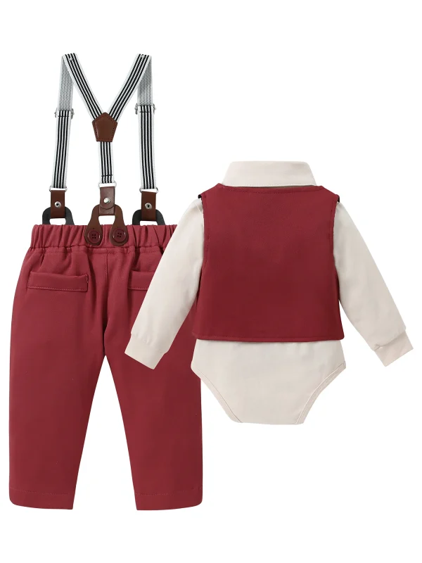 Baby Boy Wedding Outfit Suit – Gentleman Set with Dress Shirt, Vest, Suspender Pants & Bowtie - Image 2