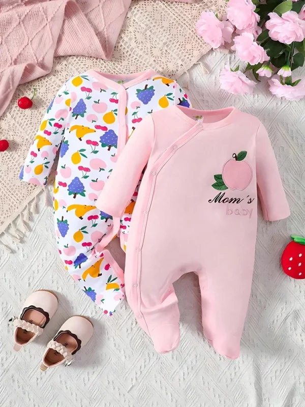 [2-piece set] Autumn and winter baby girls foot onesie cartoon apple long sleeve clothing crawl suit - Image 7