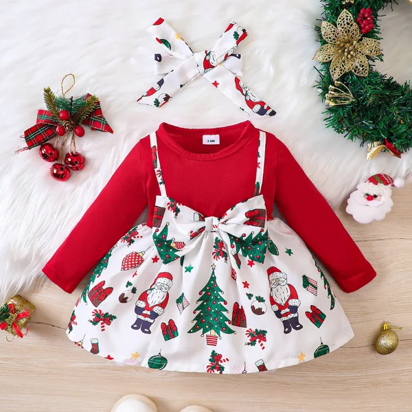 Christmas Girl Dress Faux 2pcs Big Bowknot Santa Claus Print Dress for New Year & Christmas (3-24 Months) - Image 3