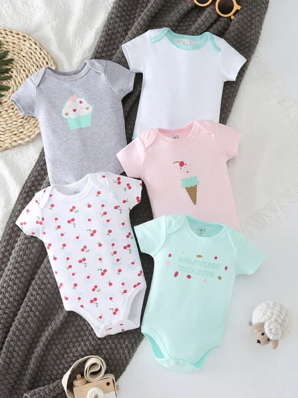 [5-Piece Set] Baby Triangle Onesie – Ice Cream Short-Sleeved Crawl Suit - Image 7