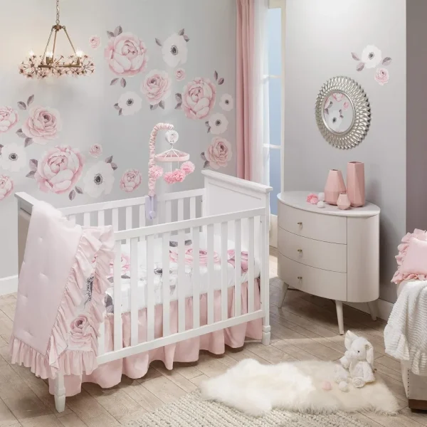 Lambs & Ivy Floral Garden 5-Piece Baby Crib Bedding Set – Pink Watercolor Linen