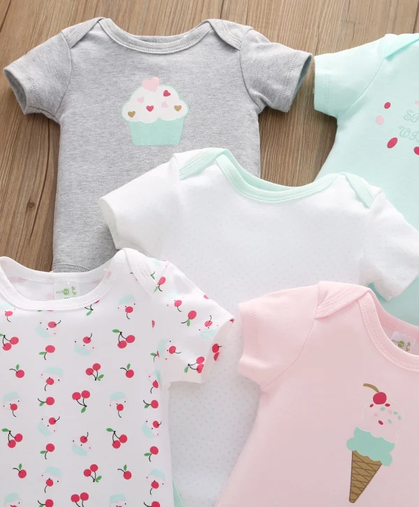 [5-Piece Set] Baby Triangle Onesie – Ice Cream Short-Sleeved Crawl Suit - Image 3