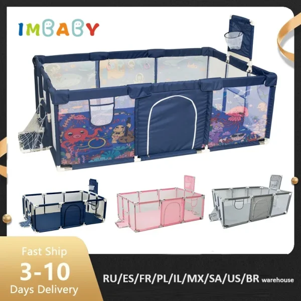 IMBABY New Playpen for Children – Cartoon Baby Playpen, Basketball Baby Playground Fence, Child Safety Barriers, Baby Dry Pool