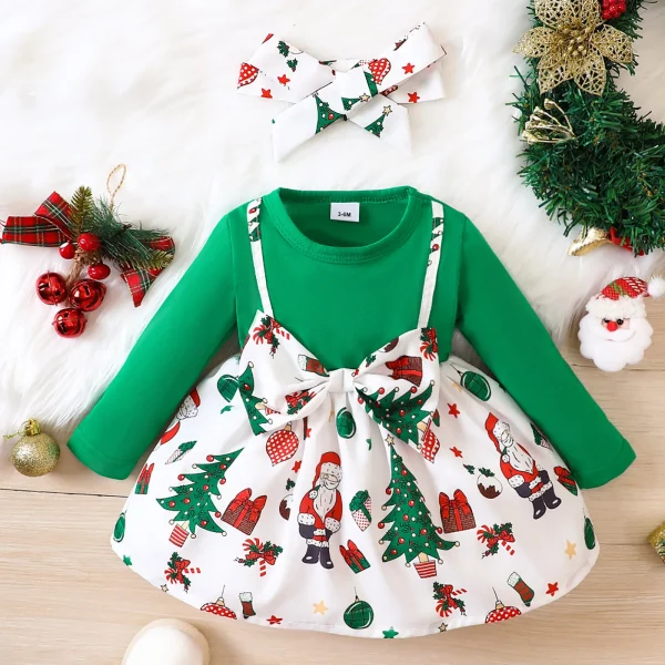 Christmas Girl Dress Faux 2pcs Big Bowknot Santa Claus Print Dress for New Year & Christmas (3-24 Months) - Image 2