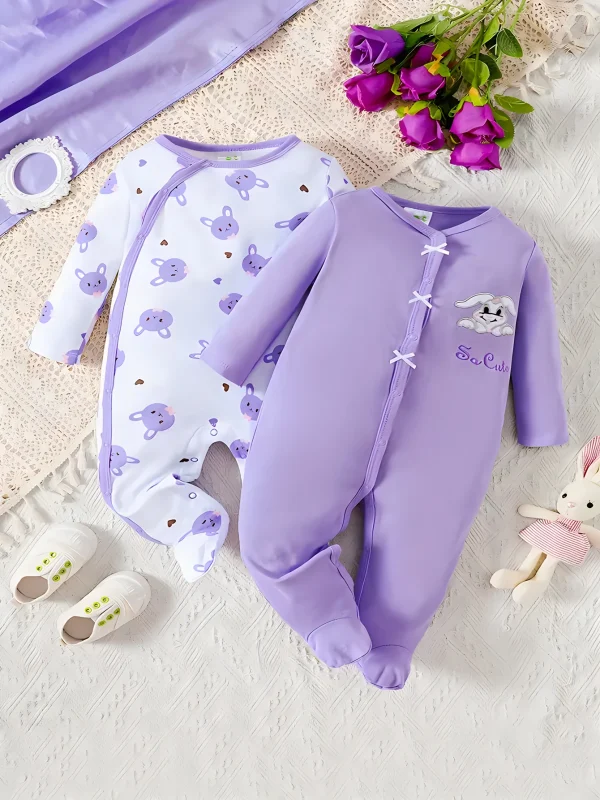 [2-Piece Set] Fall and Winter Baby Girl Foot Onesie – Cartoon Rabbit Long-Sleeved Crawl Suit