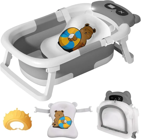 Foldable Baby Bathtub with Real-Time Temperature Display & Cushion Support