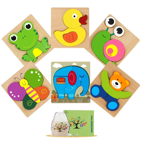 Montessori Wooden Animal Jigsaw Puzzle – 6-Piece Baby Learning Sensory Toy