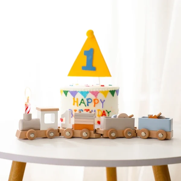 Wooden Birthday Train Toy – Montessori Puzzle Car for Early Education & Digital Learning - Image 2