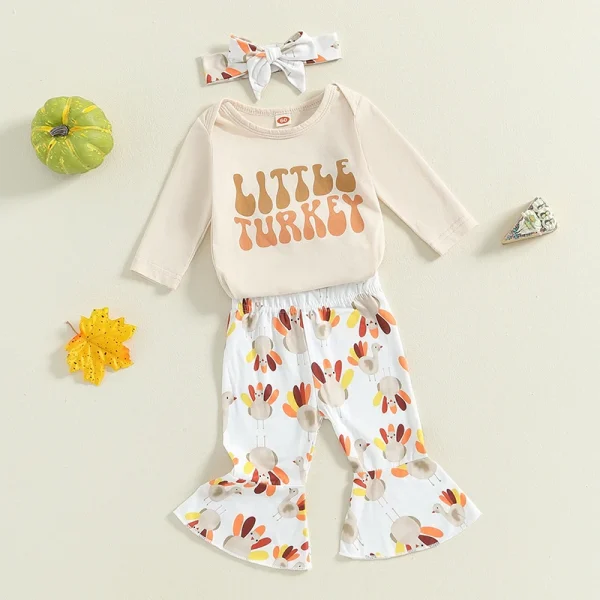 2024-05-14 Lioraitiin Baby Girl Thanksgiving Outfit, Letter Print Long Sleeve Romper Turkey Print Flare Pants Tie Headband Set - Image 3