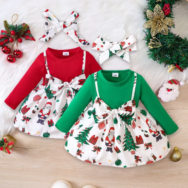 Christmas Girl Dress Faux 2pcs Big Bowknot Santa Claus Print Dress for New Year & Christmas (3-24 Months)