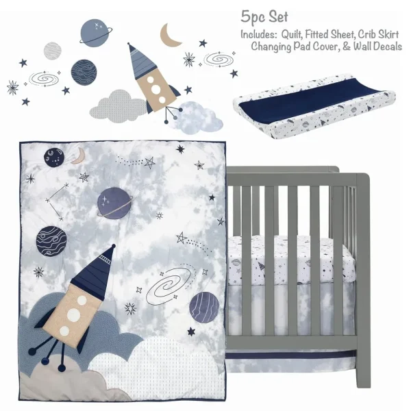 Lambs & Ivy Sky Rocket 5-Piece Baby Crib Bedding Set – Blue Galaxy Space Nursery Theme - Image 2