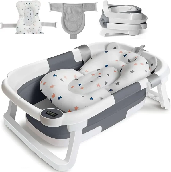 Foldable Baby Bathtub with Real-Time Temperature Display & Cushion Support