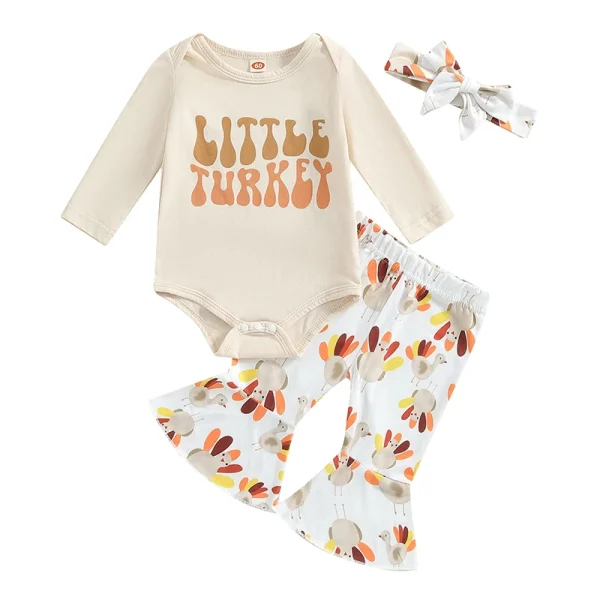 2024-05-14 Lioraitiin Baby Girl Thanksgiving Outfit, Letter Print Long Sleeve Romper Turkey Print Flare Pants Tie Headband Set - Image 7