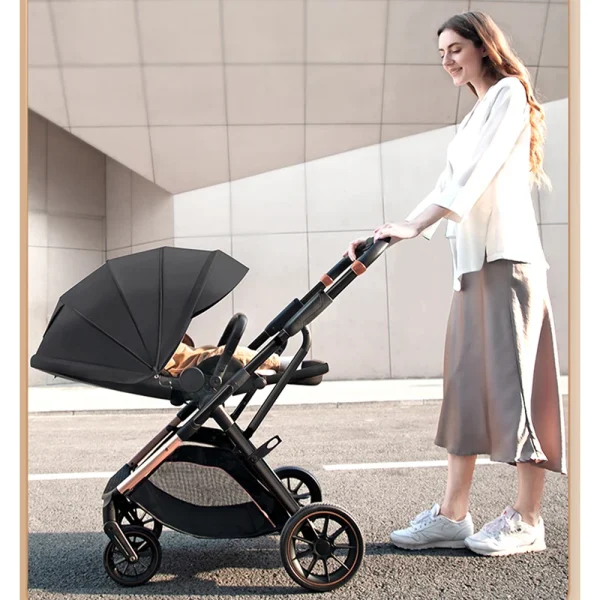 Fashion High View Baby Stroller | Ergonomic Seat Bassinet for Newborns | Portable Pram with One-Hand Recline & Basket - Image 6