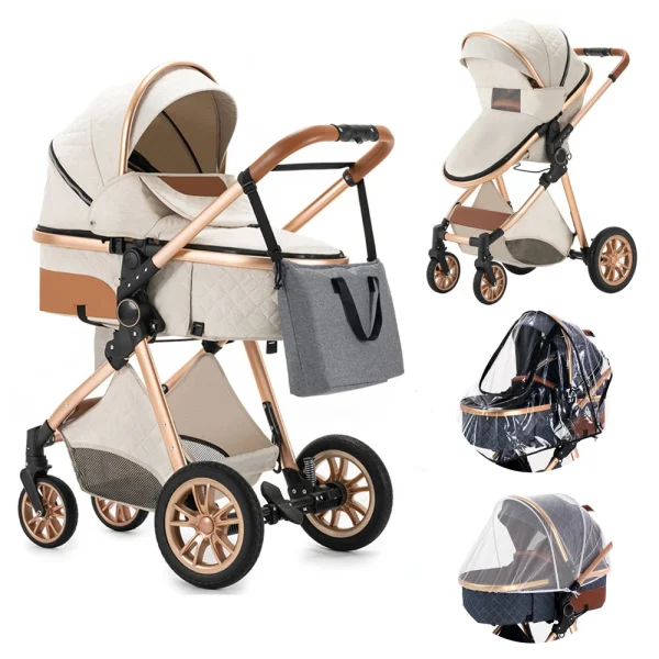 Luxury Baby Stroller 3 in 1 High Landscape Baby Cart Can Sit Can Lie Portable Pushchair Baby Cradel Infant Carrier - Image 9